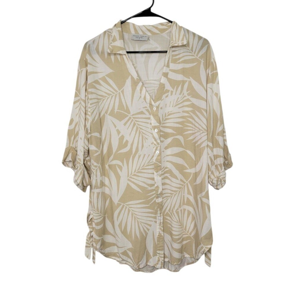 Dress Forum Size Medium Palm Leaf Button Front Shirt in Cream and Tan